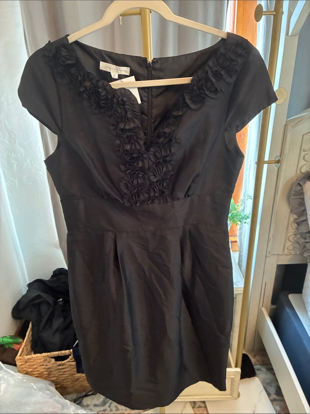 London Times Black Cap-Sleeve Mini Dress with Rosette Trim